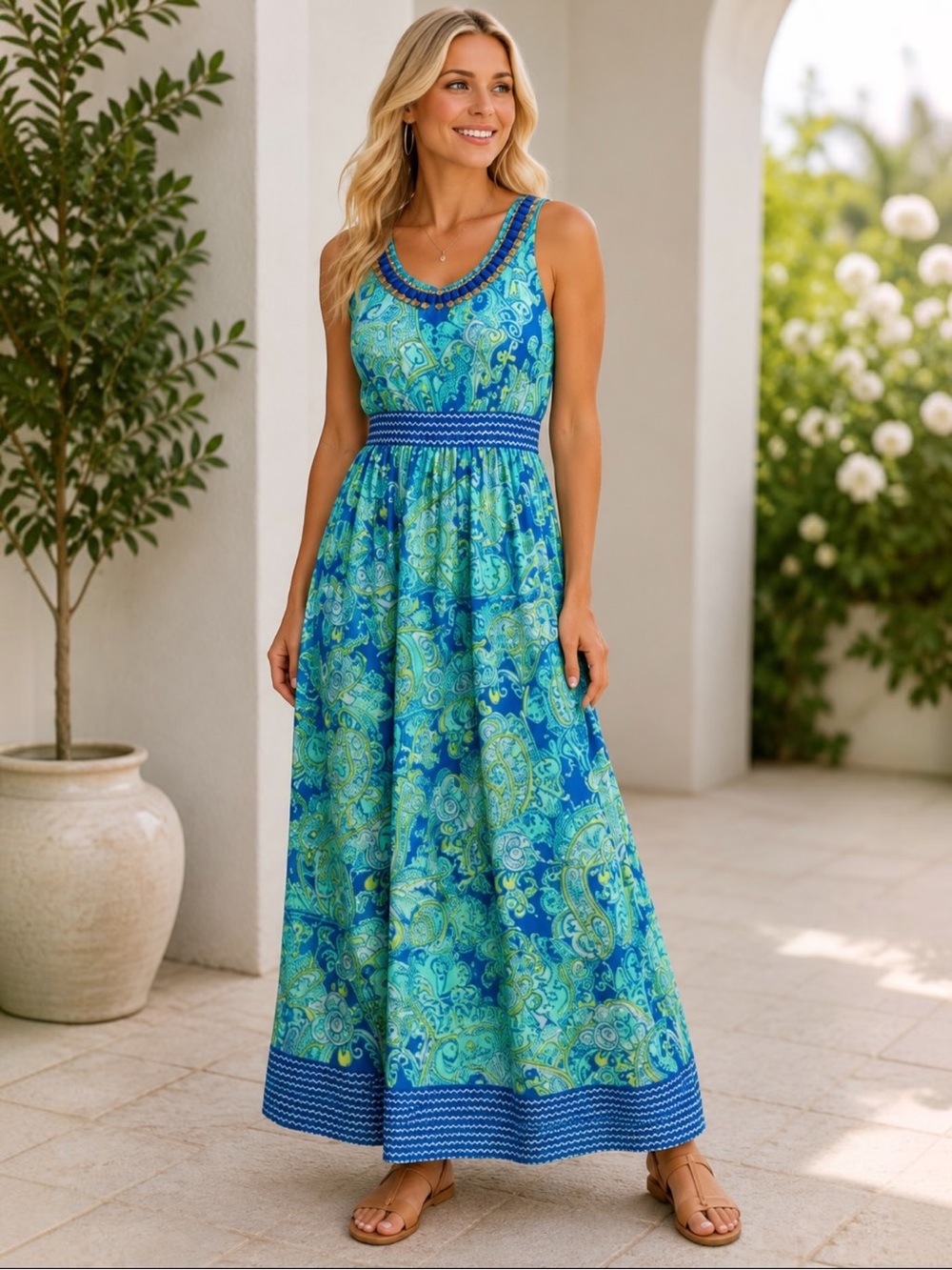 Studio One 12P Petite Blue Teal‎ Paisley Beaded Empire Waist Maxi Dress